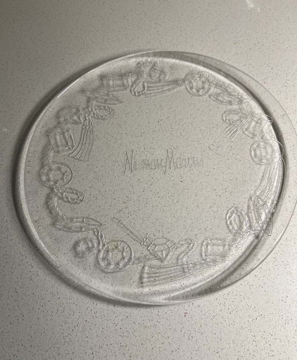 Neiman Marcus 2006 Christmas Glass Serving Platter 13” Etched Ornaments